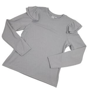 GAP Womens Pullover Sweater Sz Large Shimmery Ruffle Shoulder Ribbed Gray